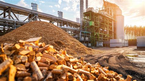 A biomass power plant surrounded by stacks of wood chips and other