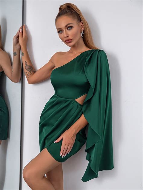KittenAlarm - One Shoulder Drape Side Cut Out Satin Dress | Short green