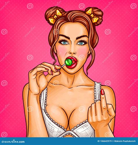 Vector Pop Art Girl Sucks Lollipop and Beckons Stock Vector