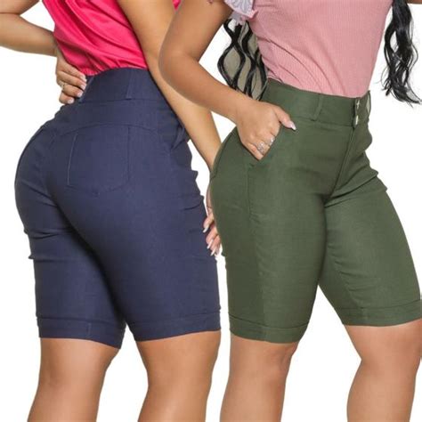 Bermudas Femininas Até O Joelho - Kit 2 - Bermuda Feminina Ciclista Bengaline - Até o joelho - Dália ...