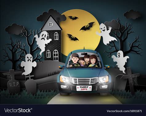 Family driving in car with ghost Royalty Free Vector Image