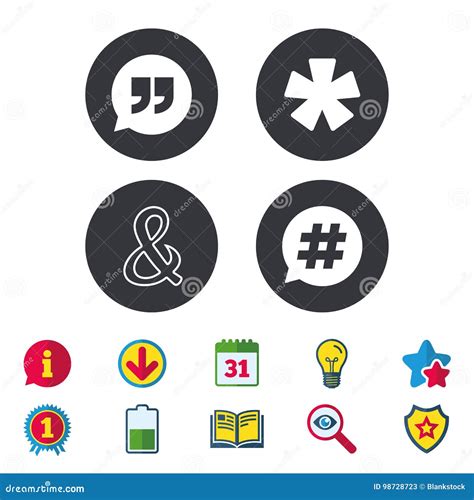 Quote, Asterisk Footnote Icons. Hashtag Symbol. Stock Vector