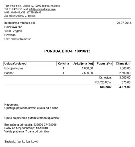 Ponude / Predračuni, financijski modul – eKomunikacija