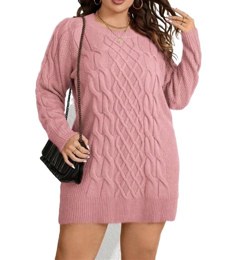 Casual Plain Round Neck Pink Plus Size Sweater Dresses - Walmart.com