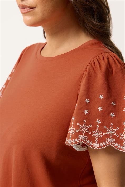 YOURS Plus Size Orange Embroidered Sleeve T-Shirt | Yours Clothing