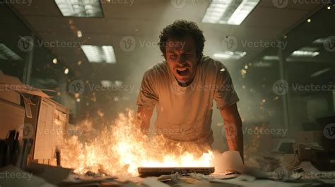 Frustrated man in office environment, reacting to computer fire