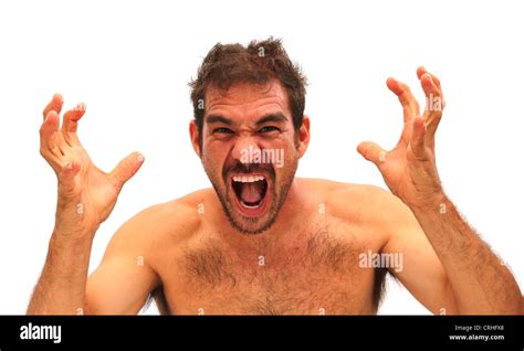 man yelling  hands  air   white background stock photo alamy