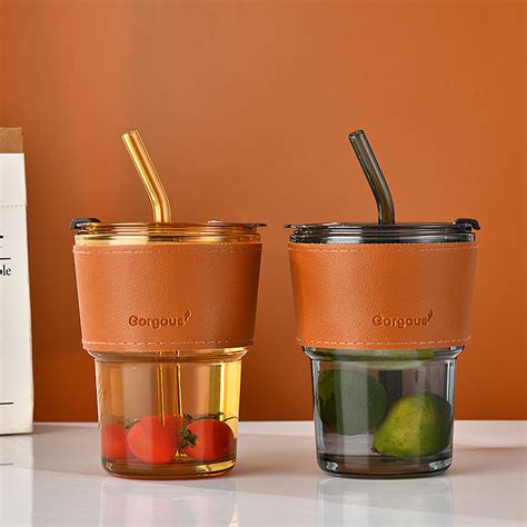 350ml Resuable Glass Water Tumbler With Straw And Lid - Water Bottle ...