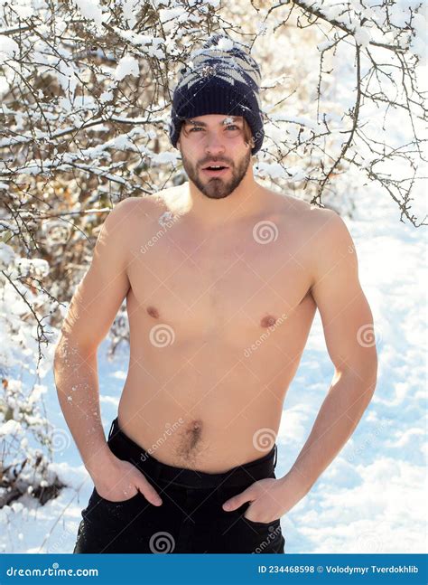 Serious Handsome Young Man or Muscular Gay with Bare Torso and Naked