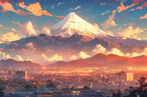 Premium Photo | The view of mount fuji from a city anime style