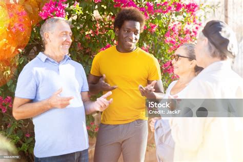 portrait  mature positive males  females talking outdoors stock