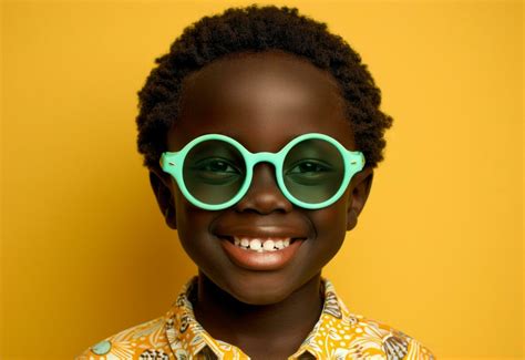 AI generated cute boy wearing green sunglasses while smiling into ...