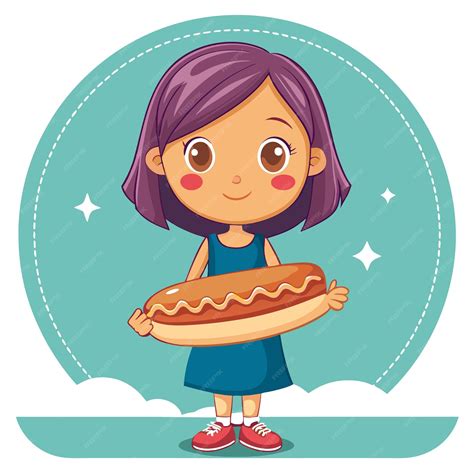 cute cartoon girl  purple hair holding  big hot dog premium ai