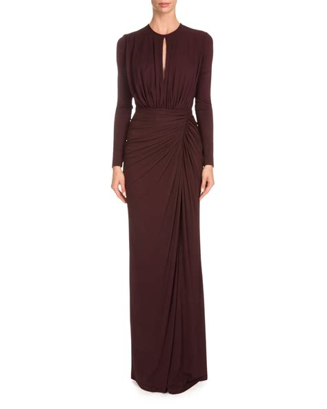 Givenchy Long-Sleeve Ruched-Jersey Gown, Burgundy