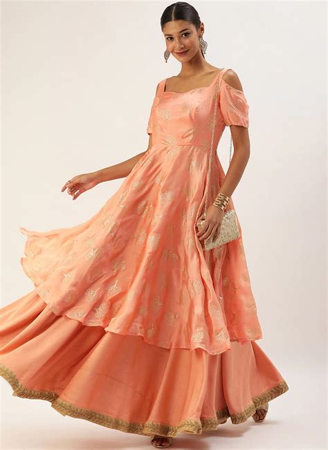 buy peach foil print layered style gown wedding wear