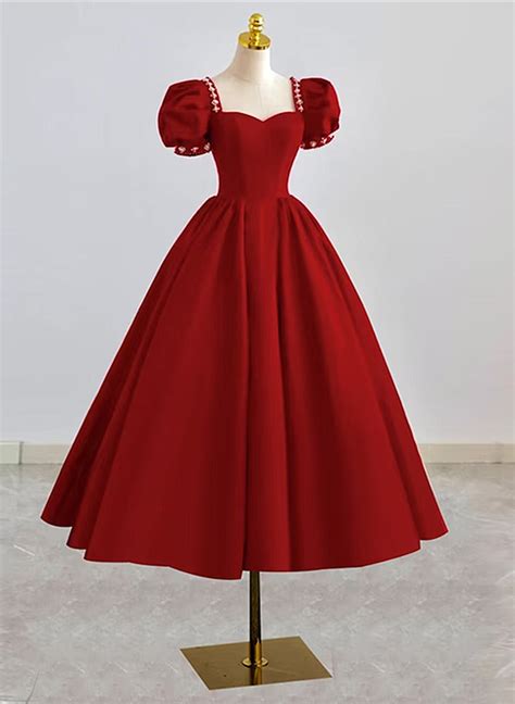 Dark Red Beaded Short Sleeves Tea Length Party Dress, Dark Red Formal