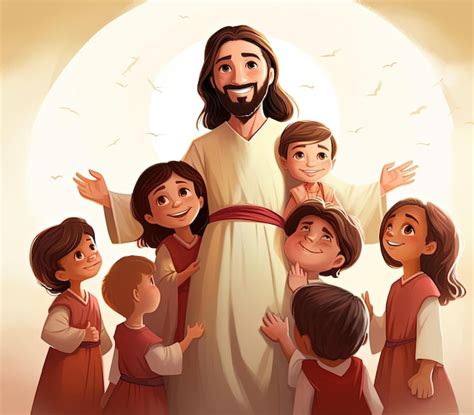 Jesus com as crianças no estilo de desenho animado colorido | Foto Premium
