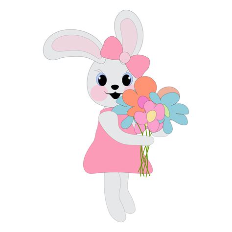 Bunny girl in a pink dress holding flowers in her paws. Symbol of 2023