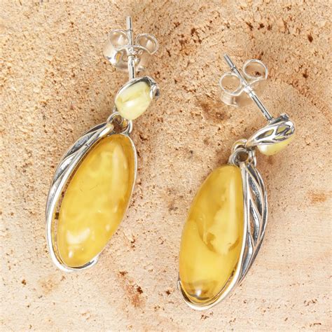 Milky Baltic Amber Sterling Silver Leaf Edged Drop Earrings