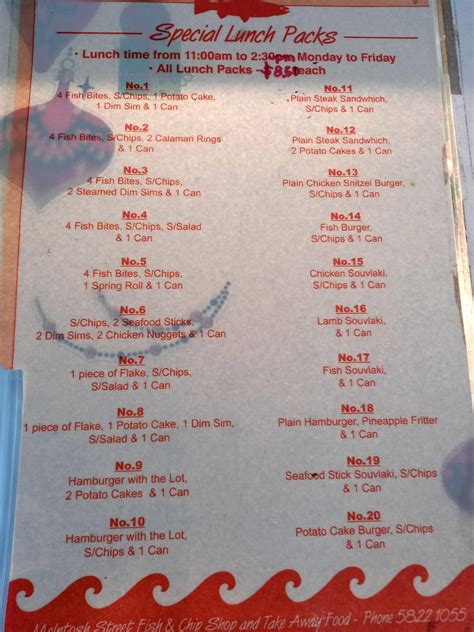 Menu at Macintosh Take Away fast food, Shepparton