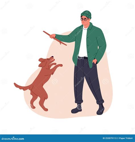 Persona Jugando Con El Perro Tirando Palo. Propietario De Una Mascota Y