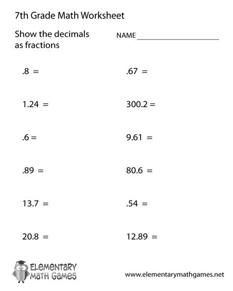Printable math worksheets 7th 8th grade