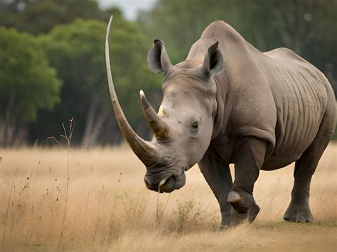 Premium AI Image | A rhino with a long horn walks through the grass.