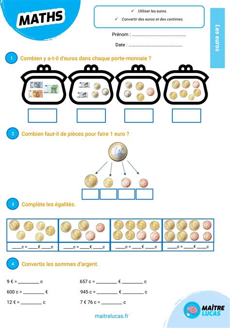 Exercices Euros et centimes pour CE1 CE2 - Maître Lucas