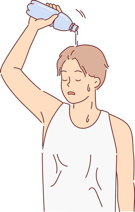 Man suffering from sunstroke pours water from bottle on head to cool