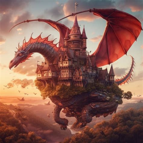 A Dragon Flying Over a City with a Castle in the Background. Generative ...