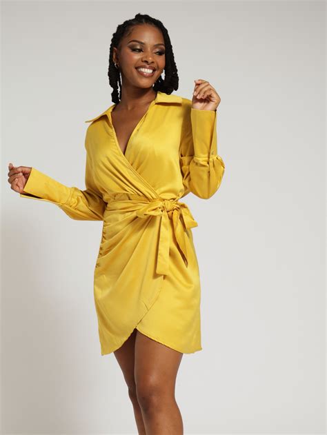 Wrap Satin Dress - Mustard – LEGiT