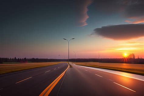 Premium AI Image | A highway with a sunset in the background