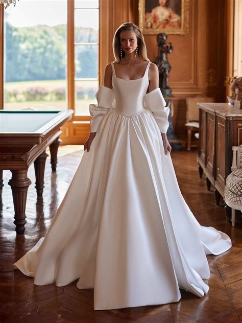 Square Neck Mikado Ball Gown Wedding Dress with Pearl Trim Neckline