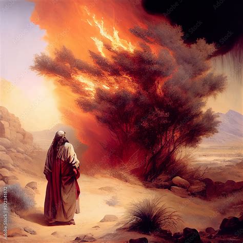 Moses with the burning bush, old Testament and jewish Torah, Book of