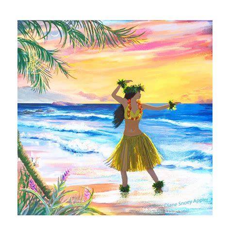 Hula Dancer Hawaiian Paradise Beach Sunset Fabric Quilt Square~ Hula