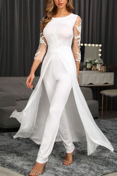Fashion Stitching Long Sleeve White Lace Jumpsuit in 2021 | Cheap ...