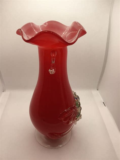 Vintage Scarlet Red Cased Murano Style Glass Vase Featuring Ruffle Top