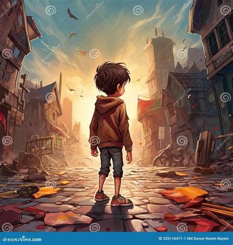 Lonely Cartoon Boy Walking Alone In Street With Kind Smiley Face ...