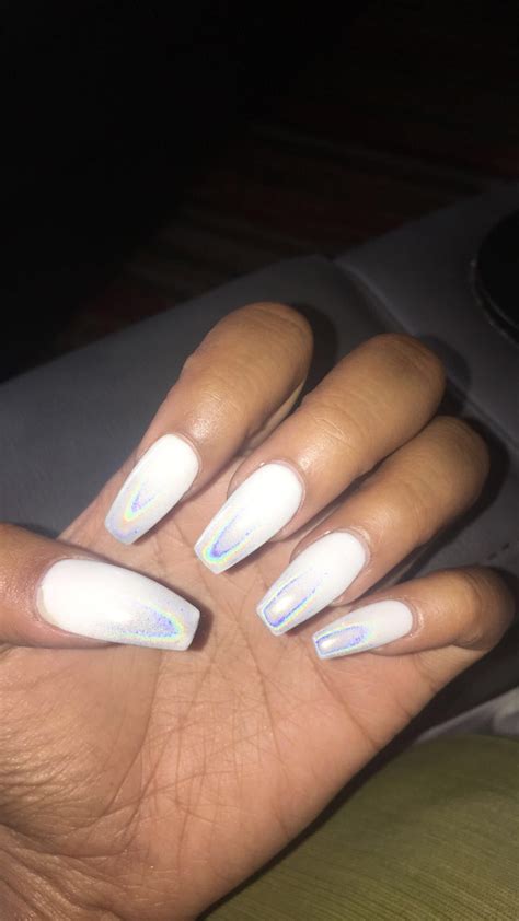 White coffin acrylic nails with holographic tips | Coffin nails designs