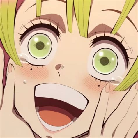 an anime character with green eyes and blonde hair holding her hands up ...