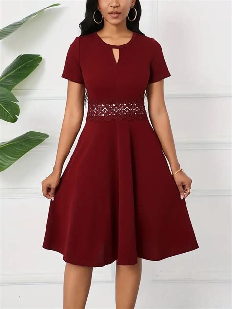 Keyhole Contrast Lace Dress Vintage Short Sleeve A Line - Temu