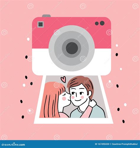 Cartoon Cute Valentines Day Camera and Couple Kissing in a Picture