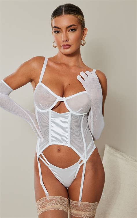 White Mesh Panel Corset & Glove Lingerie Set | Lingerie & Nightwear ...