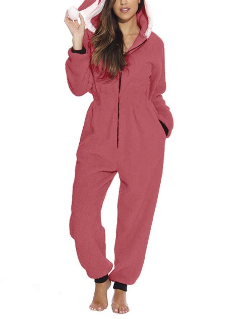 Aunavey Women One Piece Fleece Pajamas Jumpsuit Hooded Fuzzy Warm