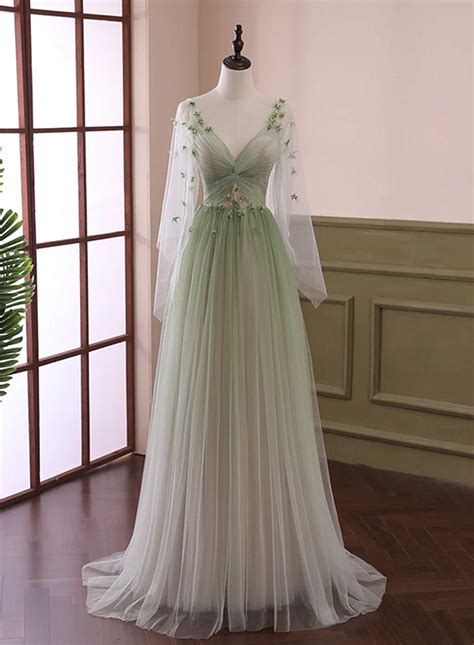 Light Green Long Sleeves Gradient Tulle Party Dress, Green Floor Lengt