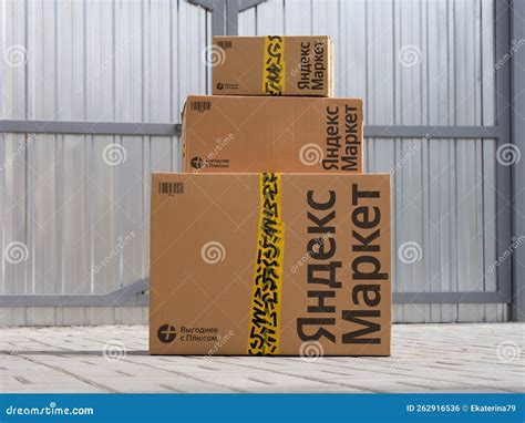 Three Yandex Market Cardboard Boxes Delivered To a House Gate Editorial ...