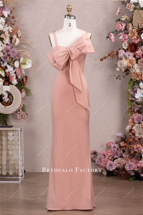 Nude Pink Straps Large Bowknot Sheath Bridesmaid Dress