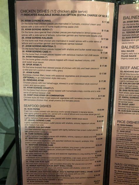 Menu at Java restaurant, Randwick