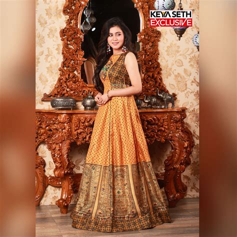 Long, yellow, silk gown with... - Keya Seth Exclusive