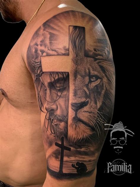 Tatuagem Leão E Jesus - Tatuagem De Crista De Leao Deus Cruz Leão Tatuagens Temporárias Para